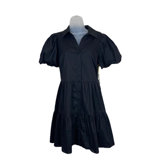 CeCe Babydoll Dress Button Front Collared Puff-Sleeve Rich Black - Picture 1 of 7